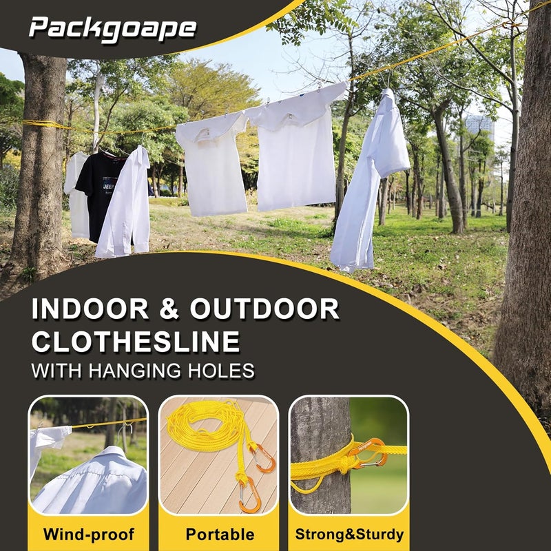 Packgoape Portable Travel Clothesline, Windproof Clothes Laundry Line with Clothespins & Hang Holes, Indoor & Outdoor Clothes Drying Rope for Hotel, Backyard,Cruise Ships, Camping (Yellow, 20 Ft) - Image 2